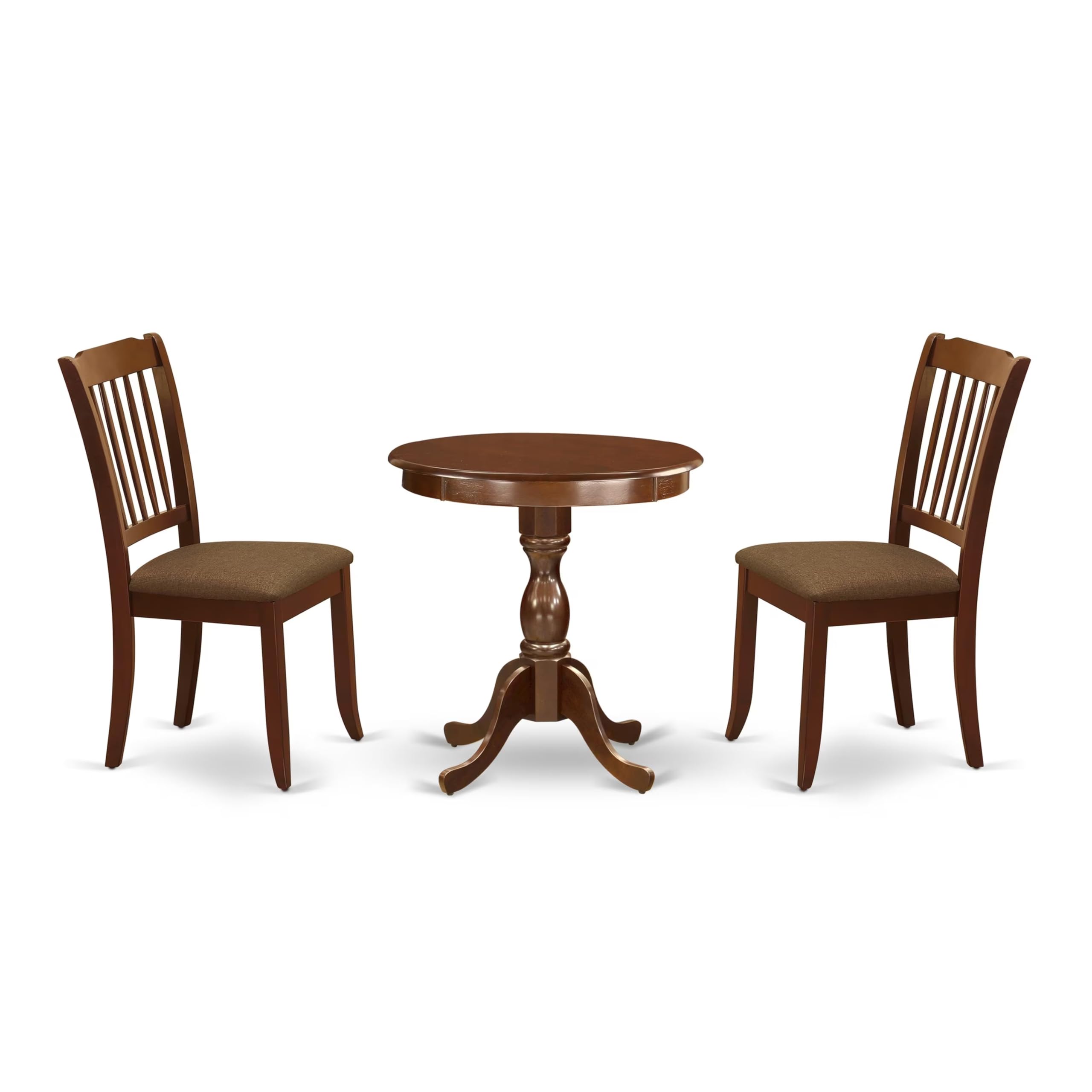 East West Furniture Esda3-Mah-C 3 Piece Kitchen Table Set For Small Spaces Contains A Round Dining Table With Pedestal And 2 Linen Fabric Dining Room Chairs, 30X30 Inch, Mahogany