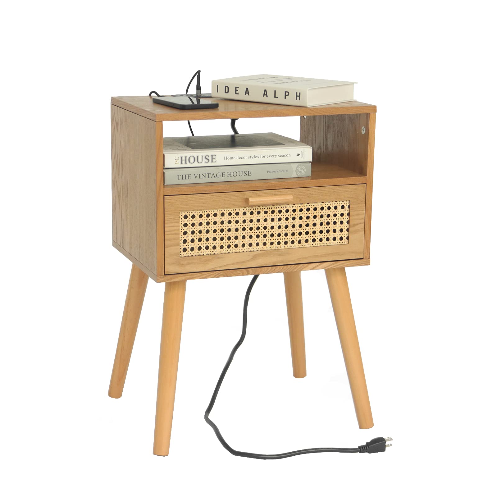 Maxsmeo Mid Century Modern Nightstand With Charging Station, Bedside T ...