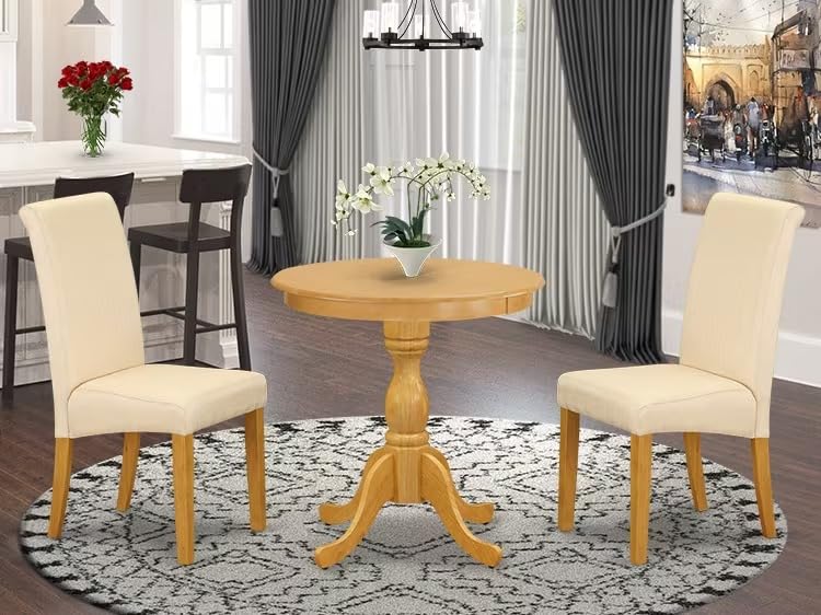 East West Furniture Esba3-Oak-02 3 Piece Kitchen Table Set Contains A Round Dining Table And 2 Light Beige Linen Fabric Upholstered Chairs, 30X30 Inch, Oak