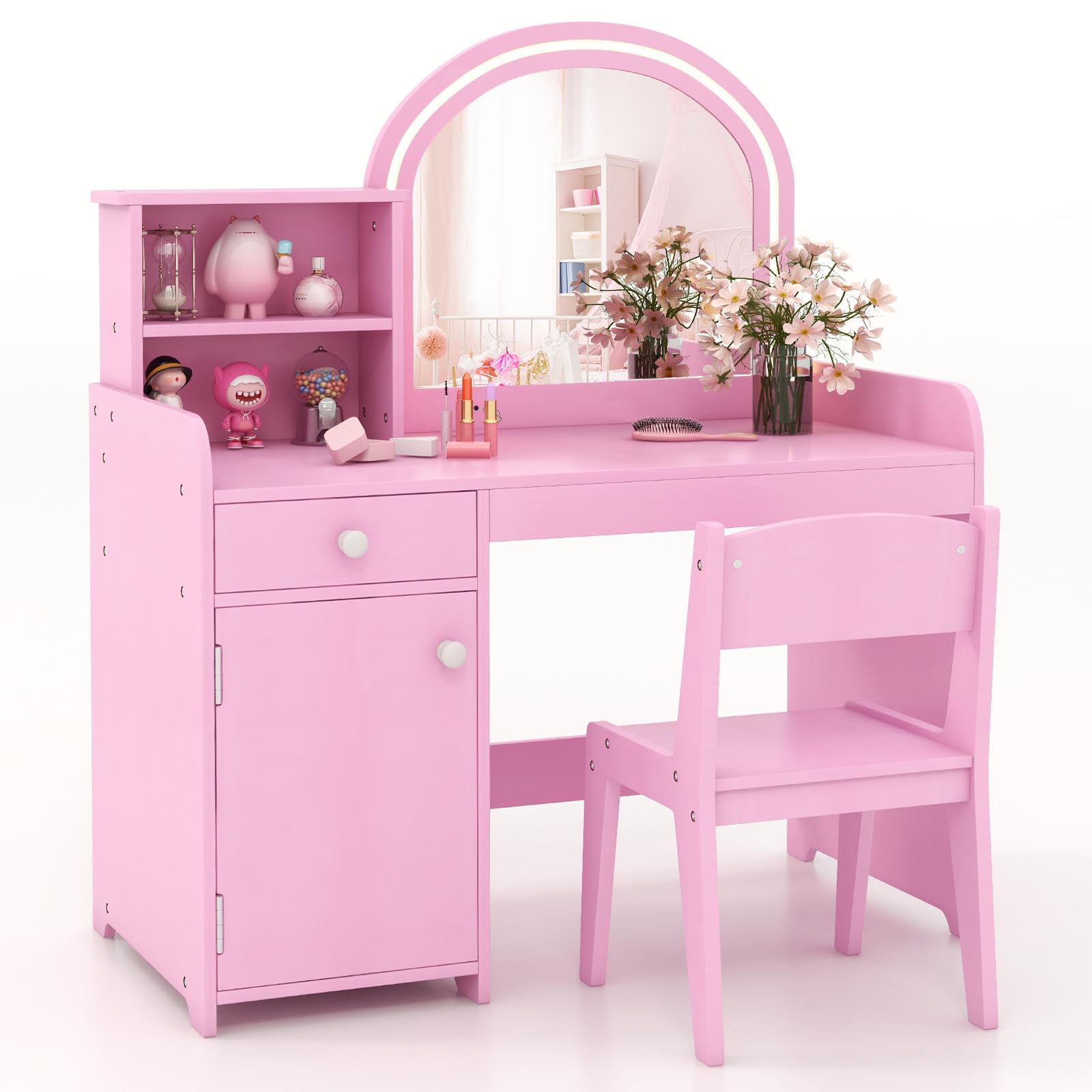 HONEY JOY Kids Vanity with Lights, Little Girls Vanity Set with Mirror