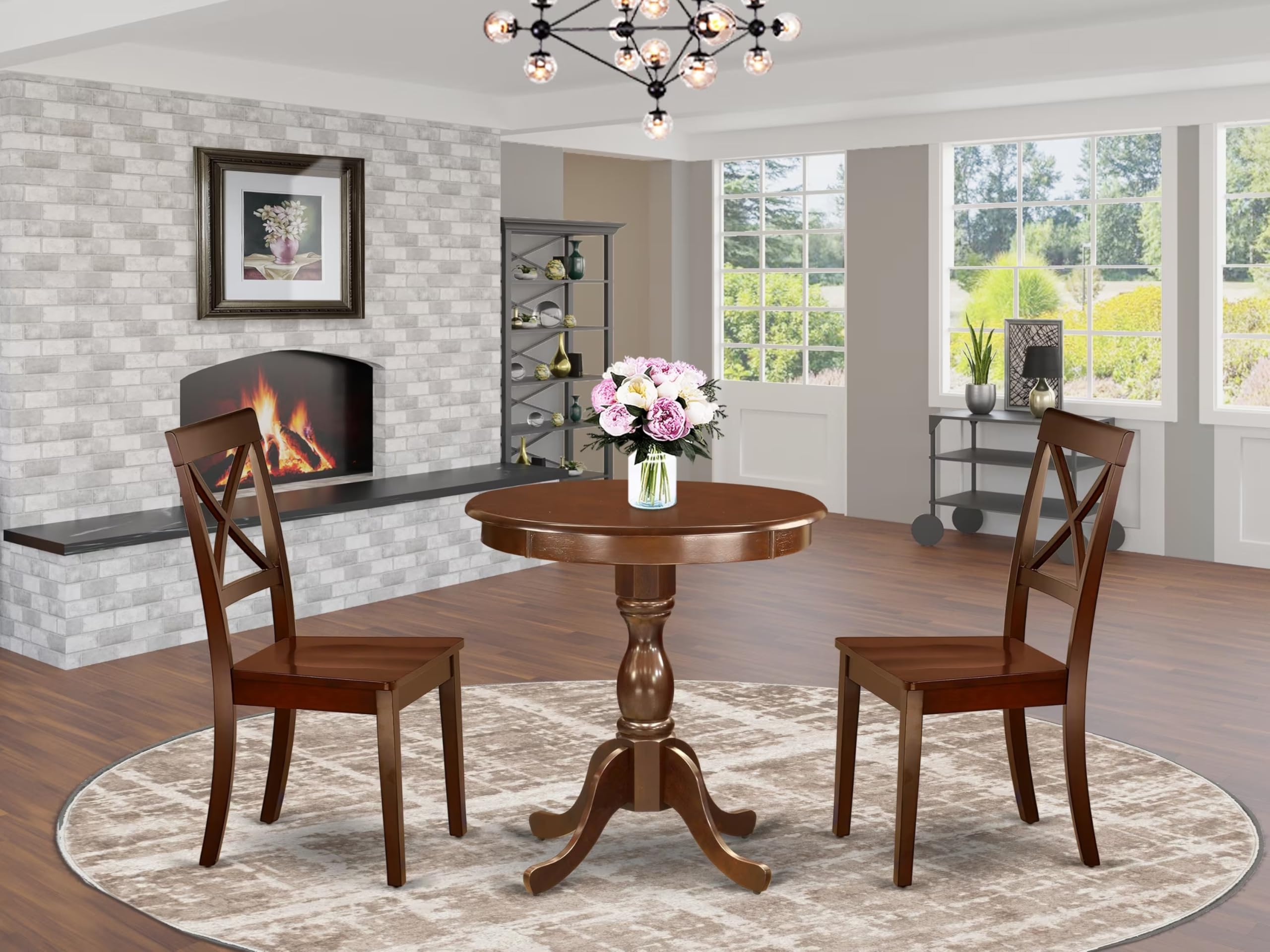 East West Furniture Esbo3-Mah-W 3 Piece Dining Room Table Set Contains A Round Kitchen Table With Pedestal And 2 Dining Chairs, 30X30 Inch, Mahogany