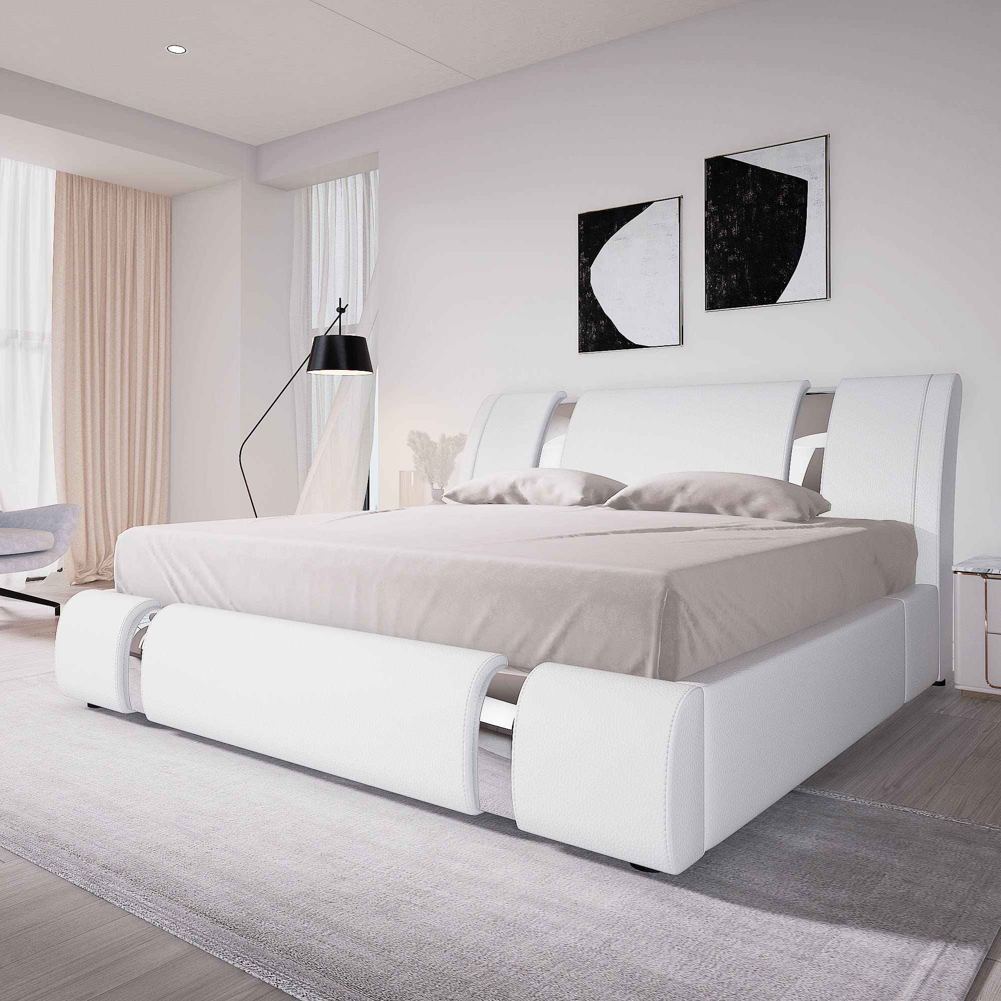 Allewie Queen Size Platform Bed Frame With Iron Piece Decor, Faux Leat ...