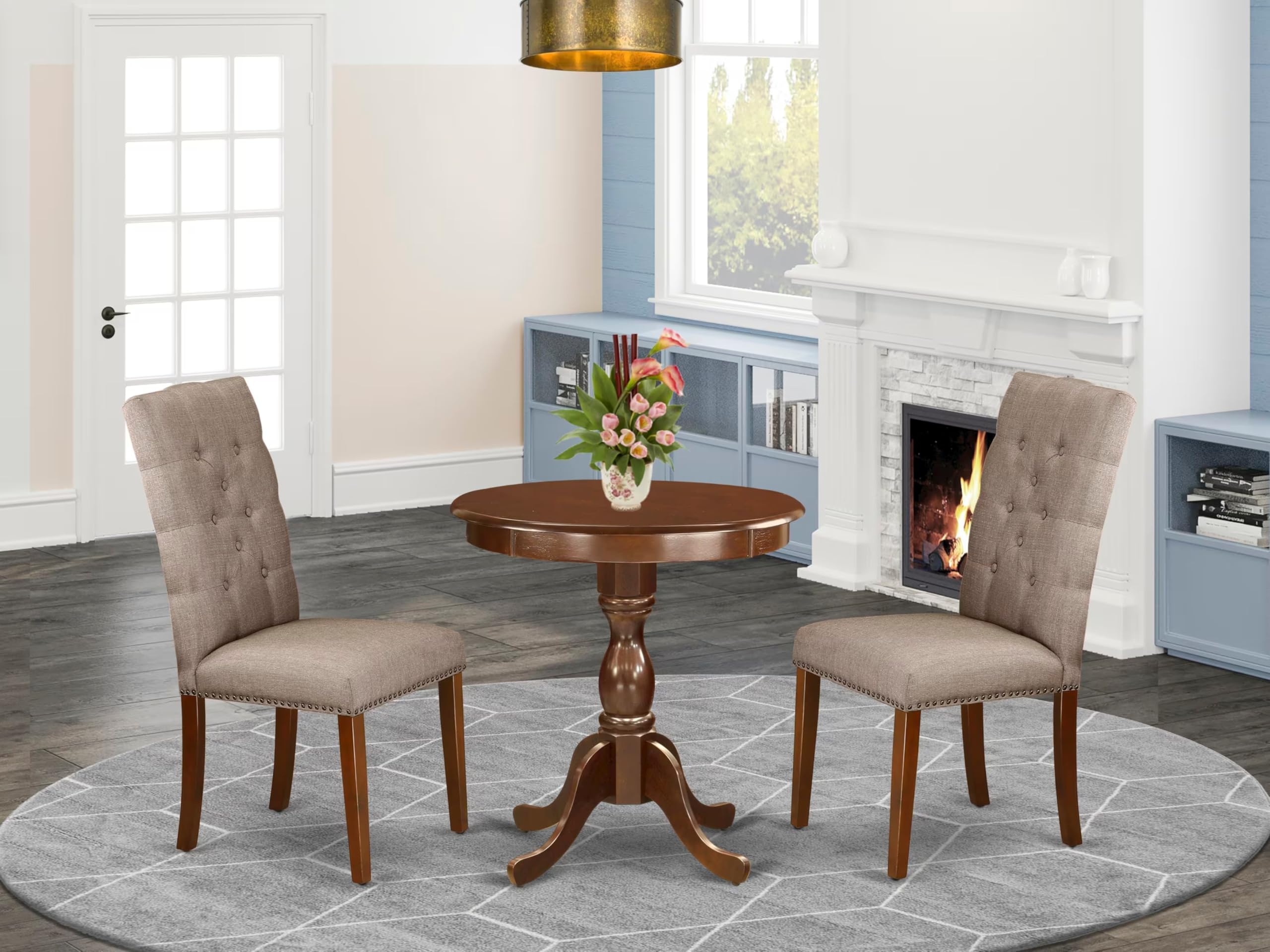 East West Furniture Esel3-Mah-16 3 Piece Dinette Set For Small Spaces Contains A Round Dining Table With Pedestal And 2 Dark Khaki Linen Fabric Parson Dining Chairs, 30X30 Inch, Mahogany