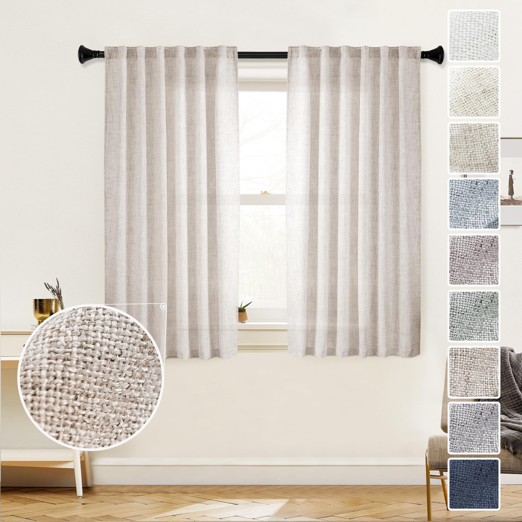 Meetbily Short Linen Curtains 45 Inch Length For Kitchen Cafe Window B ...