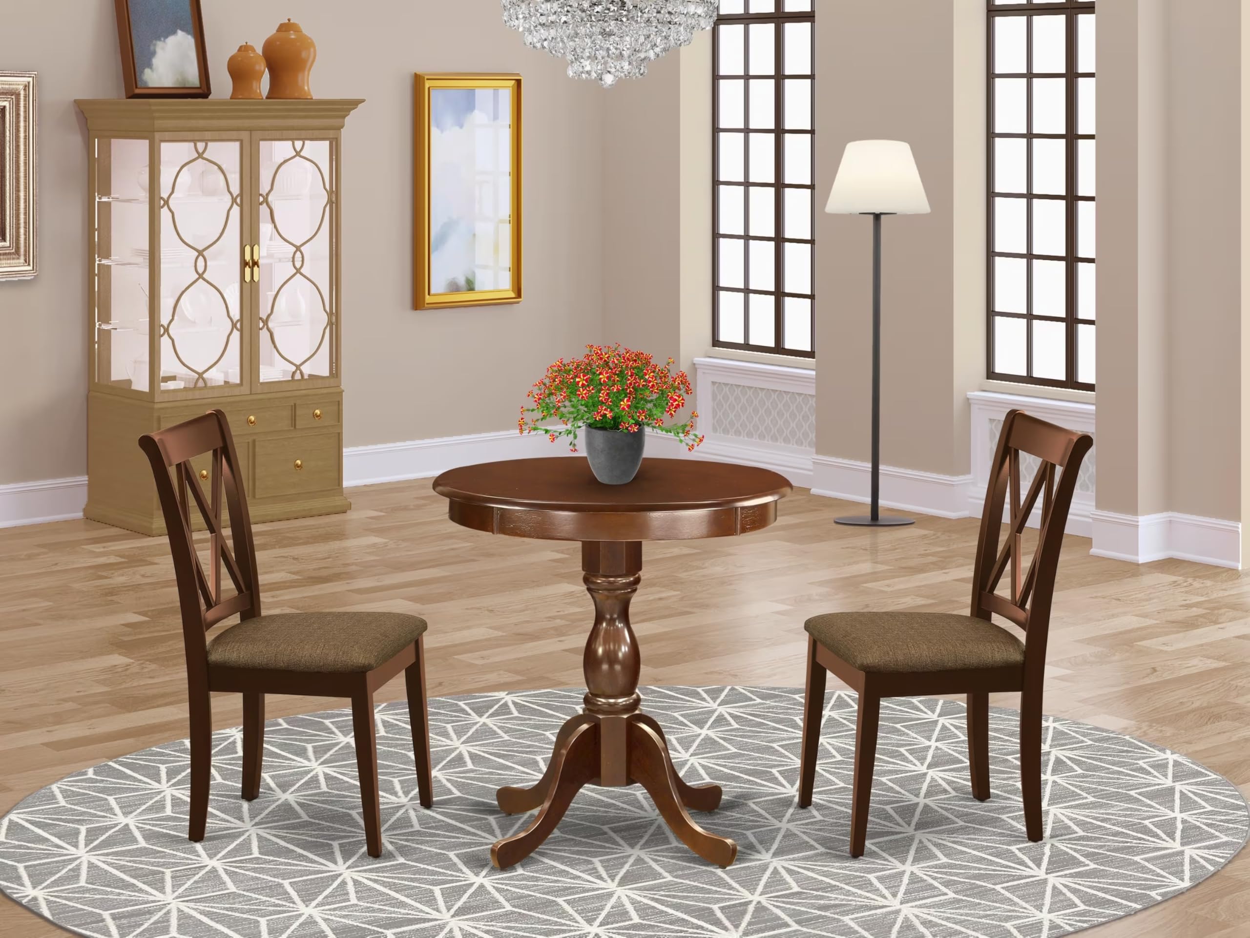 East West Furniture Escl3-Mah-C 3 Piece Dining Room Table Set Contains A Round Kitchen Table With Pedestal And 2 Linen Fabric Upholstered Dining Chairs, 30X30 Inch, Mahogany