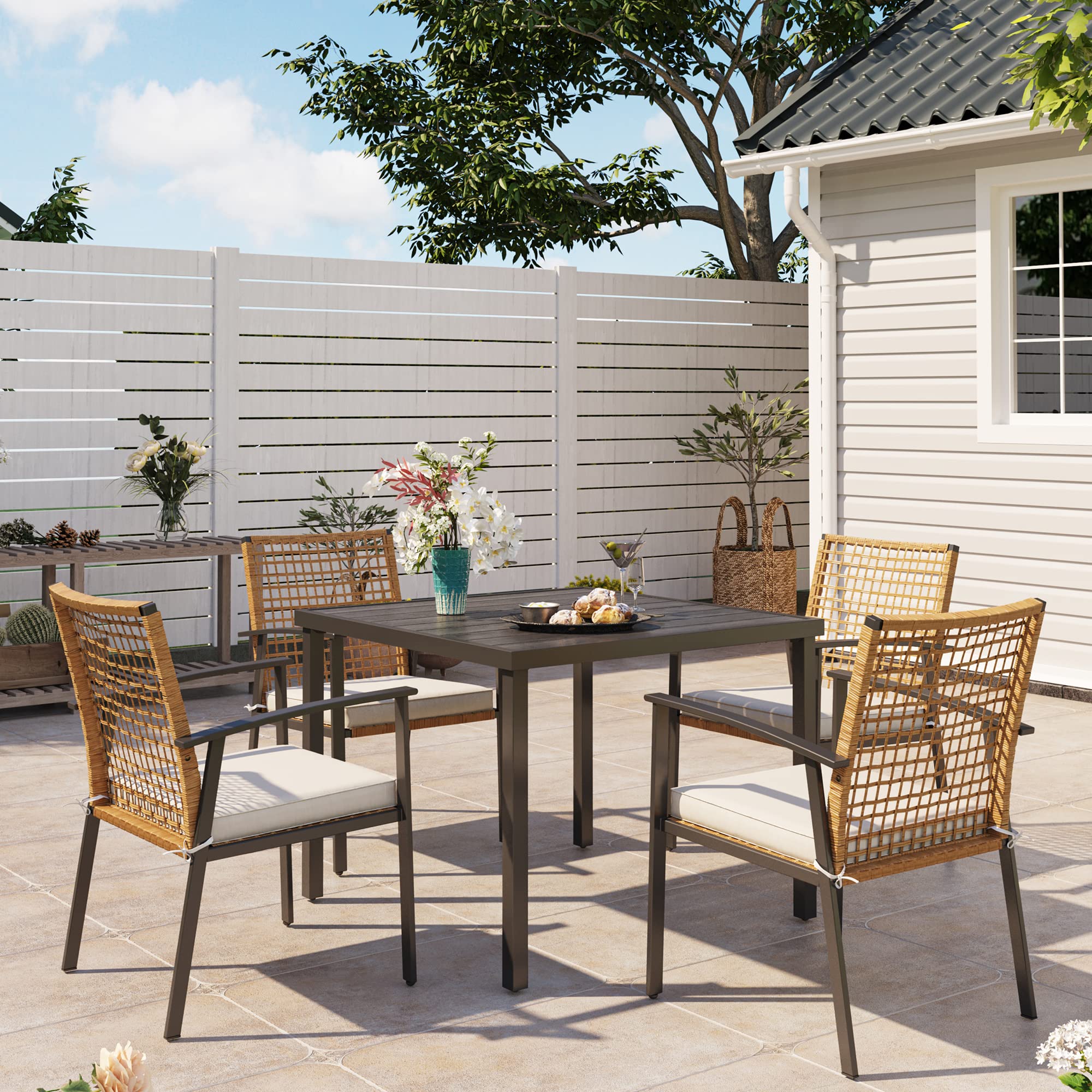 5-piece wicker patio dining set with umbrella hole 5-Piece Outdoor Patio Dining Set – Wicker Rattan with Cushions & Umbrella Hole