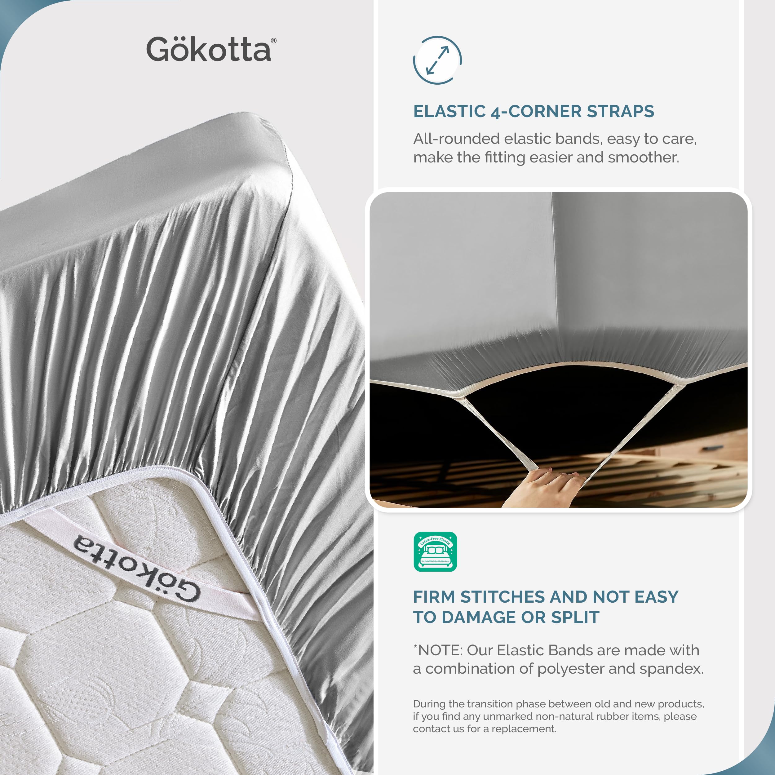 GOKOTTA 100% Bamboo Rayon King Fitted Sheet Set, 3 PCS Super Soft Cooling - 16 Pocket, 4 Elastic Corner Straps, 03 Grey
