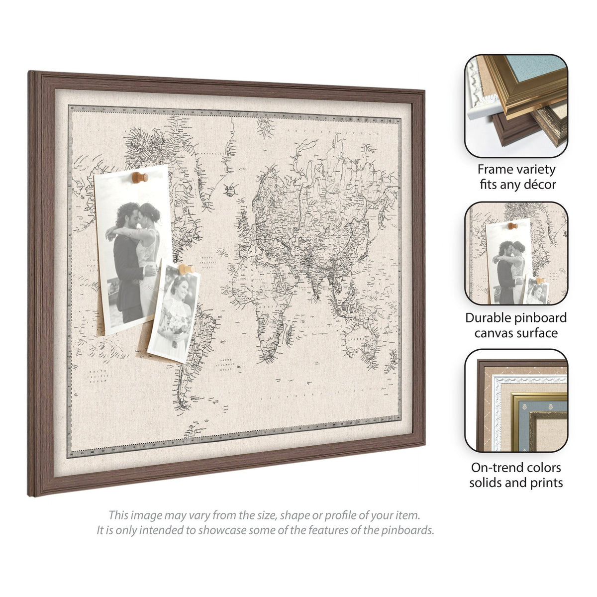 Framed Fabric Pinboard Vintage Black and White Linen World Map Wall Organization