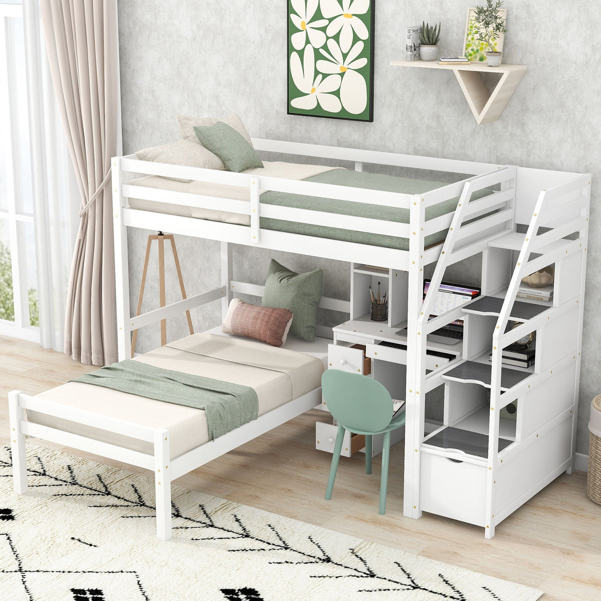 Loft Bed With Stand Alone Bed, Storage Staircase, Desk, Shelves, And Drawers