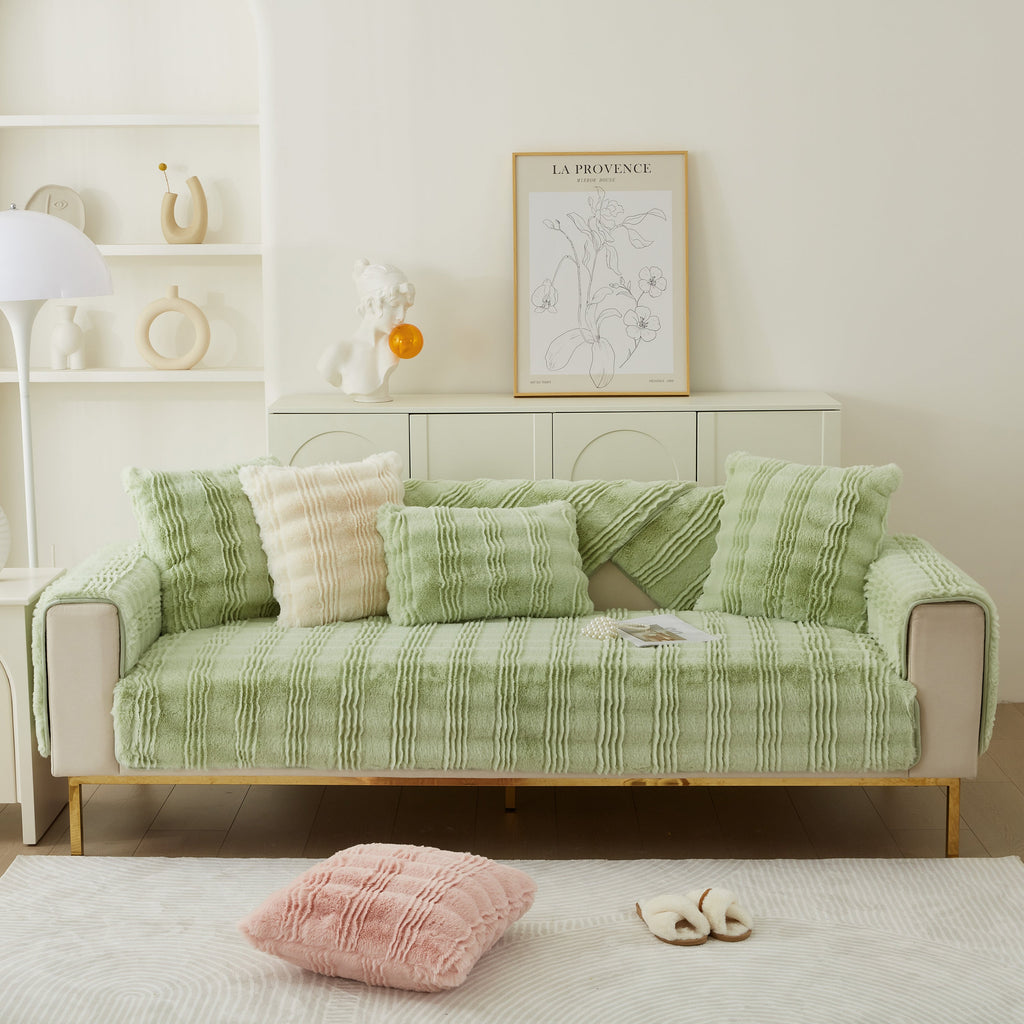 Soft Thick Faux Fur Sofa Cover Stripe Fluffy Fuzzy Non-Slip Washable Couch Covers