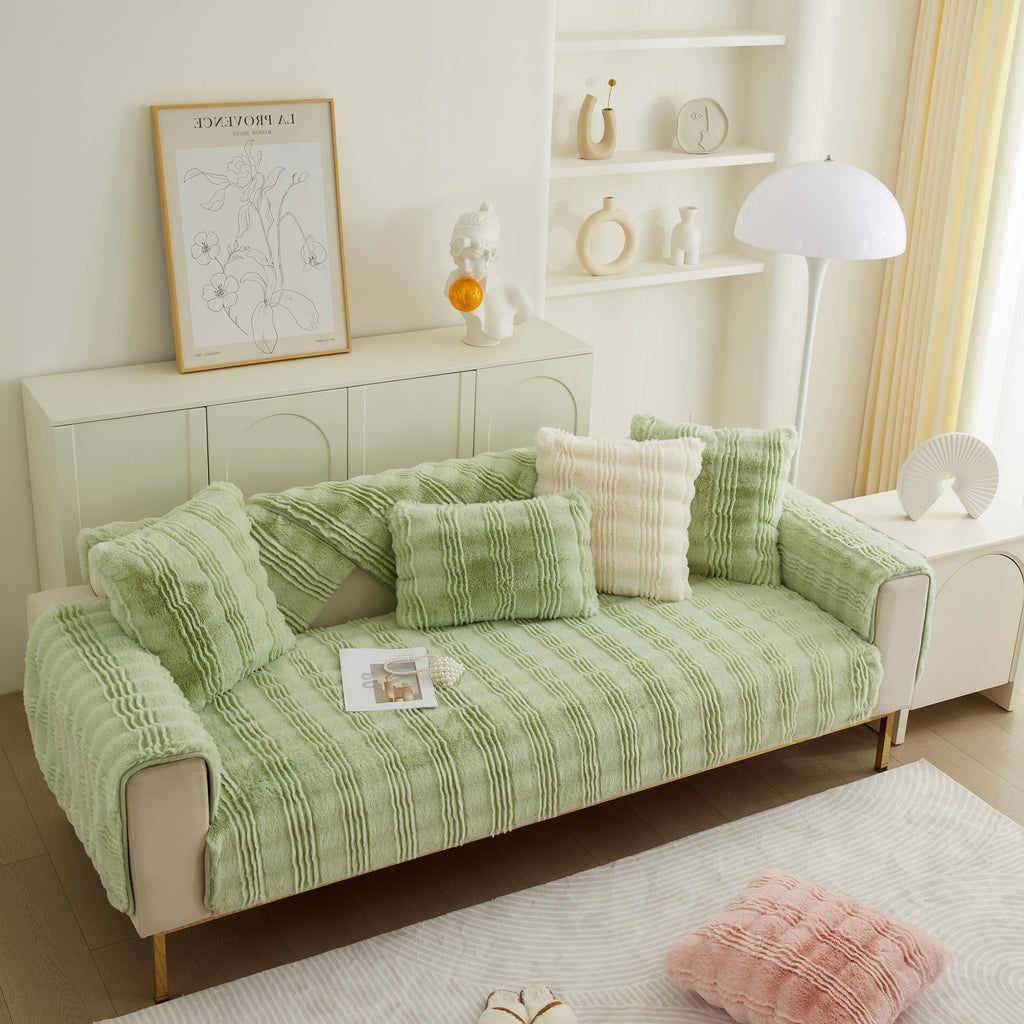 Soft Thick Faux Fur Sofa Cover Stripe Fluffy Fuzzy Non-Slip Washable Couch Covers