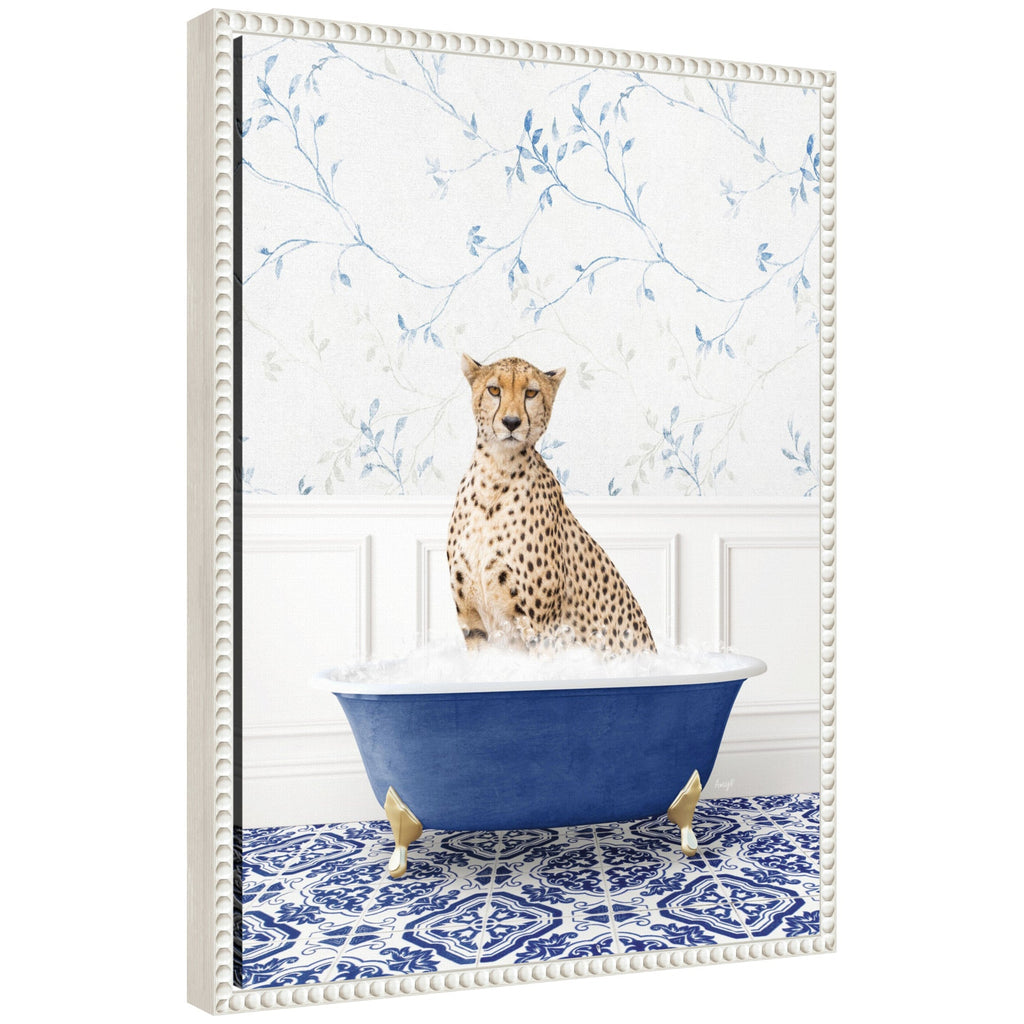 Sylvie Cheetah in Eclectic Blue Bath Framed Canvas by Amy Peterson