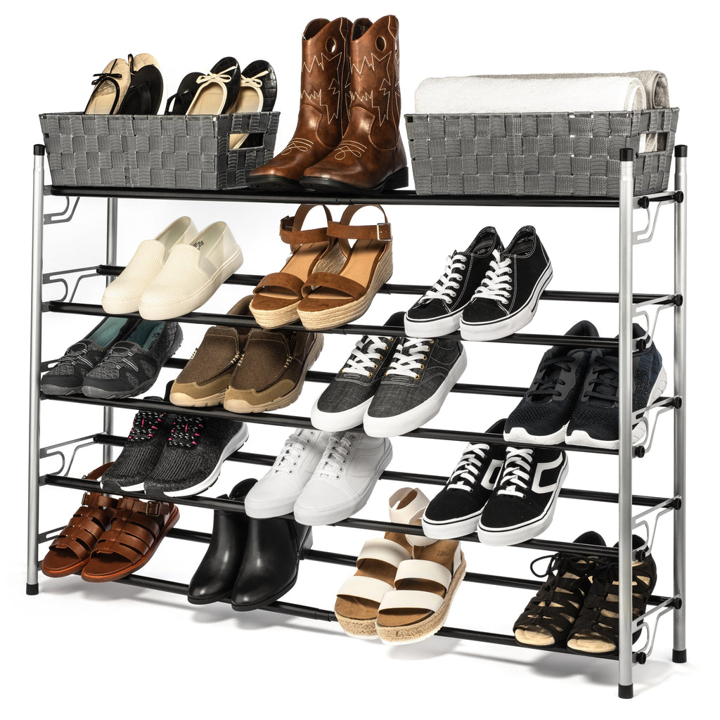 5-Tier Slide-n-Adjust Shoe Rack, Expandable Free-Standing Organizer, Silver & Black