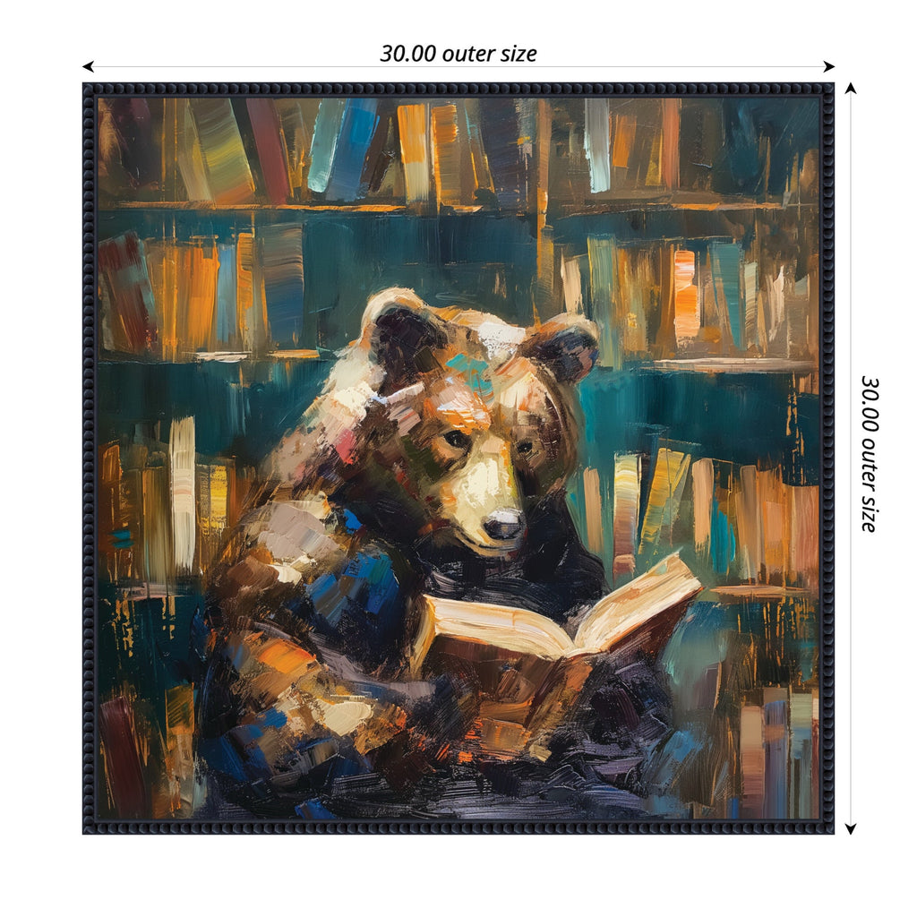 Sylvie Traditional Bear Reading in Library Framed Canvas by The Creative Bunch Studio