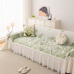 Botanical Sofa Cover with Chiffon Skirt, Floral Couch Throw Blanket for All-Season