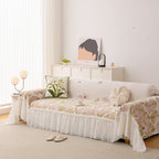 Botanical Sofa Cover with Chiffon Skirt, Floral Couch Throw Blanket for All-Season