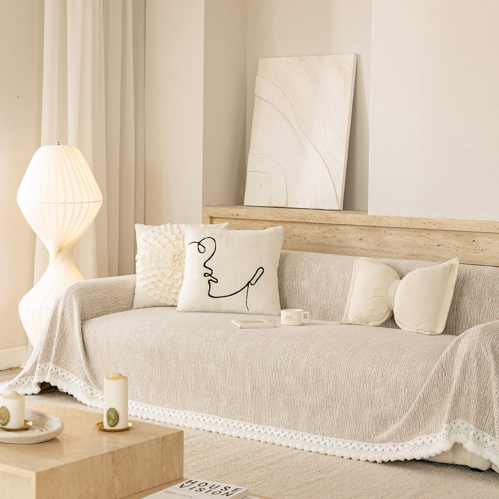 Sofa Cover Throw with Lace Trim & Pom-Pom Fringe, Decorative Couch Cover Blanket