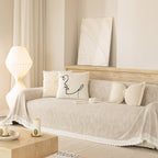 Sofa Cover Throw with Lace Trim & Pom-Pom Fringe, Decorative Couch Cover Blanket