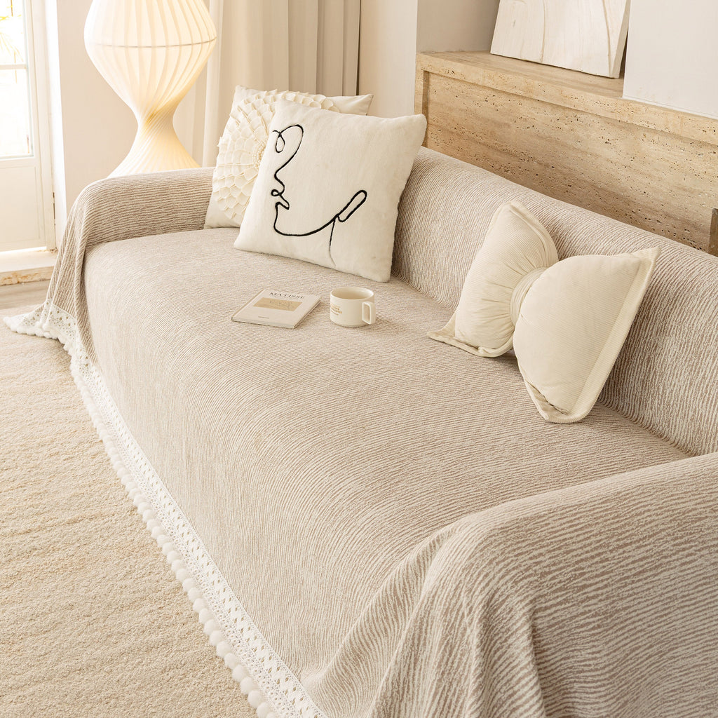 Sofa Cover Throw with Lace Trim & Pom-Pom Fringe, Decorative Couch Cover Blanket
