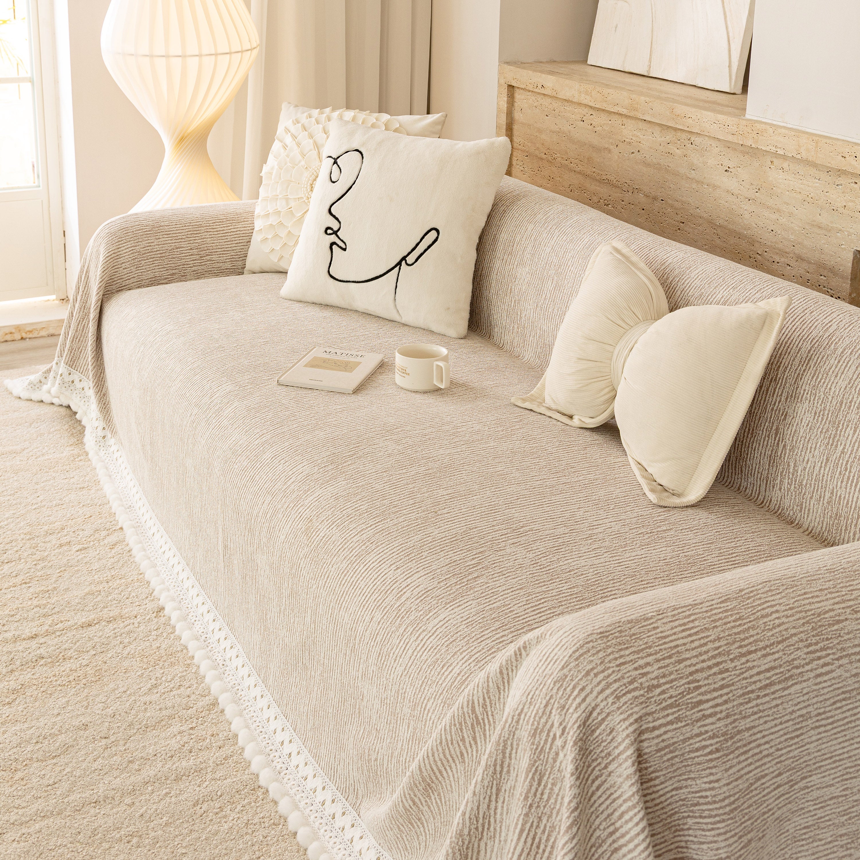 Sofa Cover Throw with Lace Trim & Pom-Pom Fringe, Decorative Couch Cover Blanket