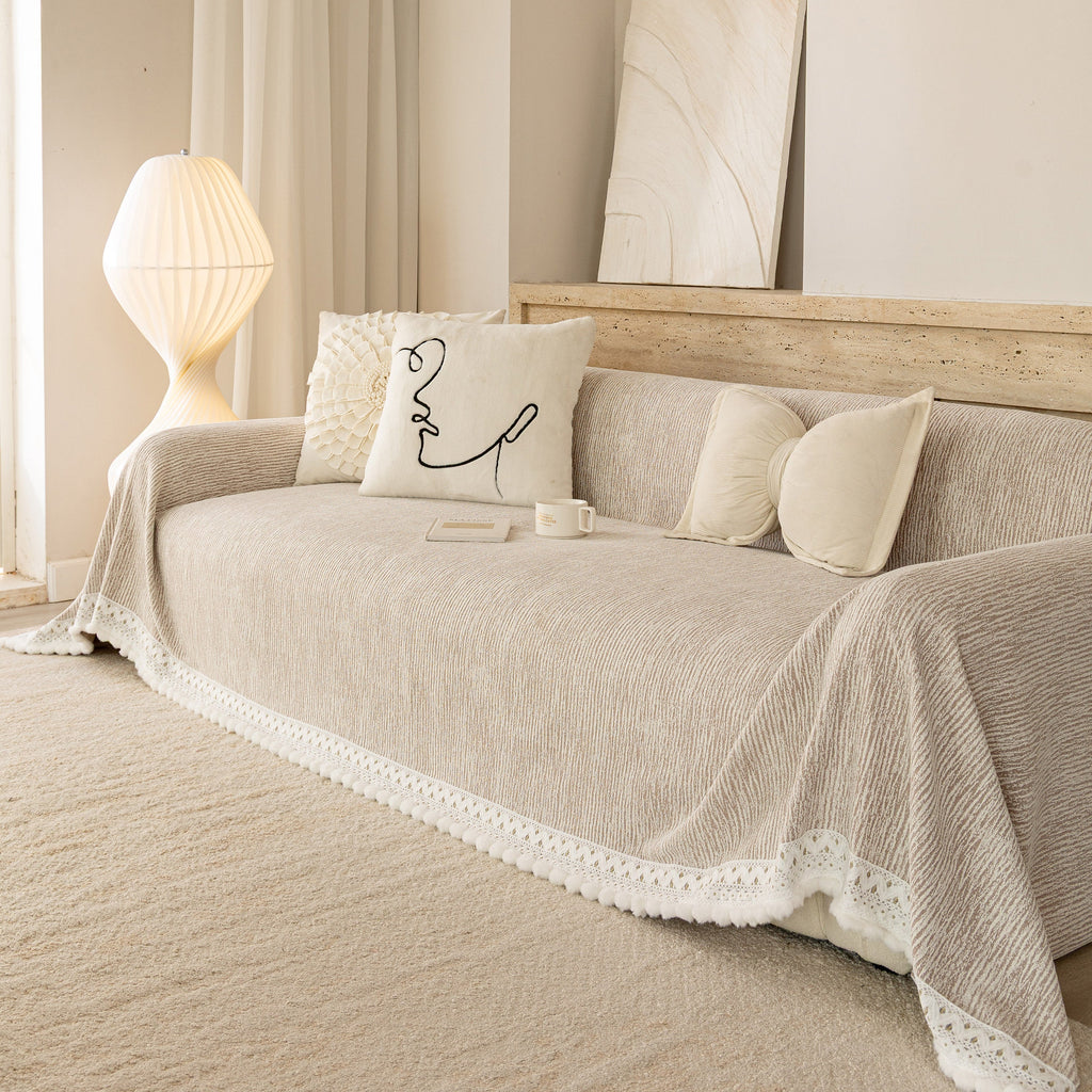 Sofa Cover Throw with Lace Trim & Pom-Pom Fringe, Decorative Couch Cover Blanket