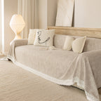 Sofa Cover Throw with Lace Trim & Pom-Pom Fringe, Decorative Couch Cover Blanket