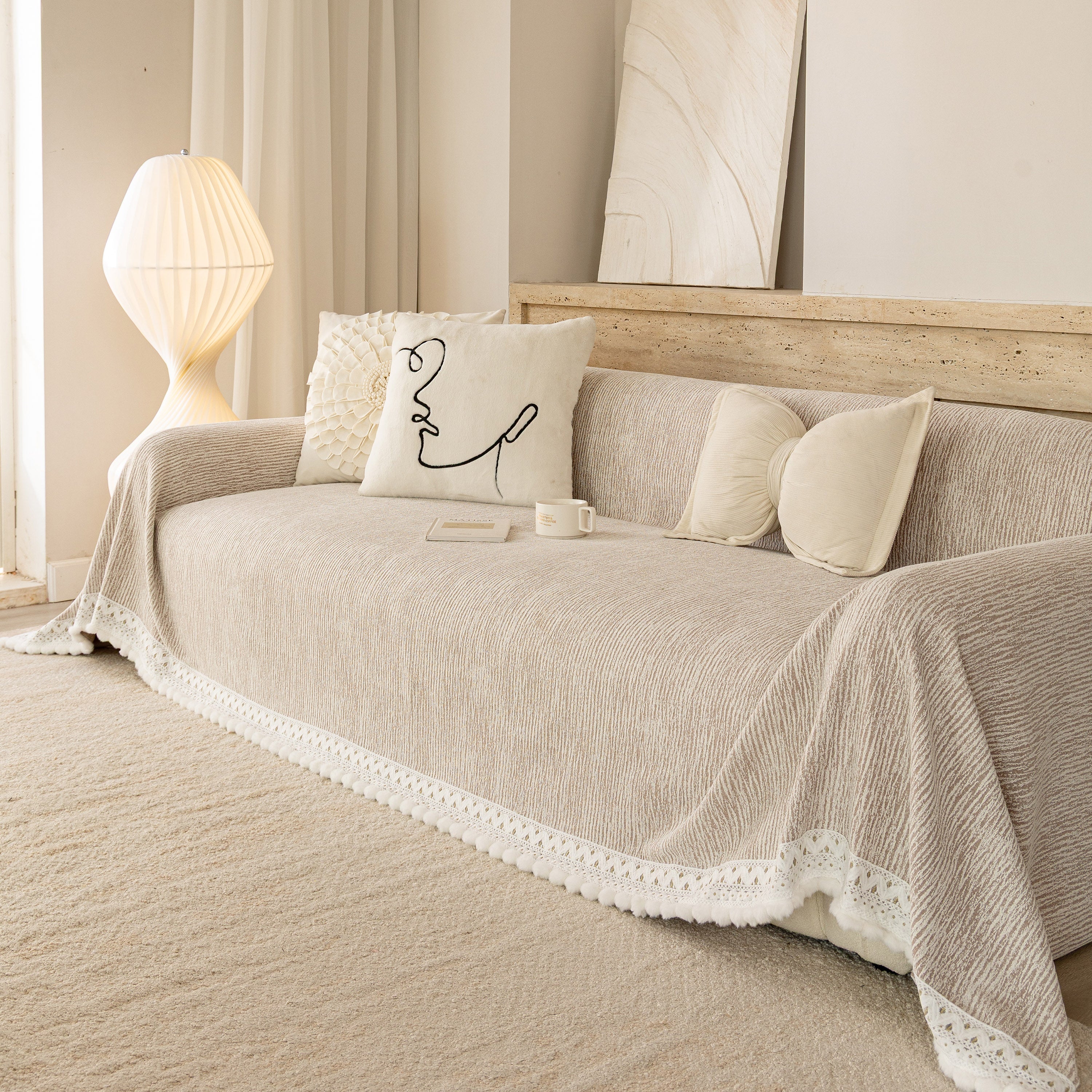 Sofa Cover Throw with Lace Trim & Pom-Pom Fringe, Decorative Couch Cover Blanket