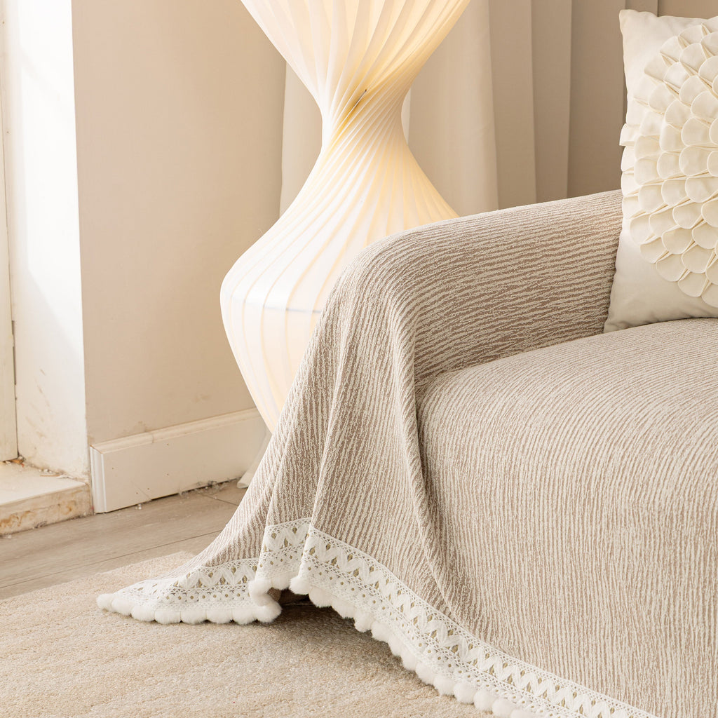 Sofa Cover Throw with Lace Trim & Pom-Pom Fringe, Decorative Couch Cover Blanket