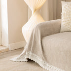 Sofa Cover Throw with Lace Trim & Pom-Pom Fringe, Decorative Couch Cover Blanket