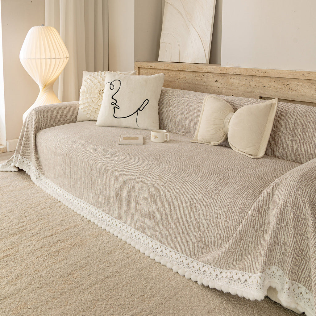 Sofa Cover Throw with Lace Trim & Pom-Pom Fringe, Decorative Couch Cover Blanket