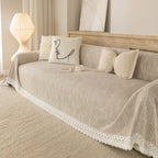 Sofa Cover Throw with Lace Trim & Pom-Pom Fringe, Decorative Couch Cover Blanket