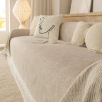 Sofa Cover Throw with Lace Trim & Pom-Pom Fringe, Decorative Couch Cover Blanket
