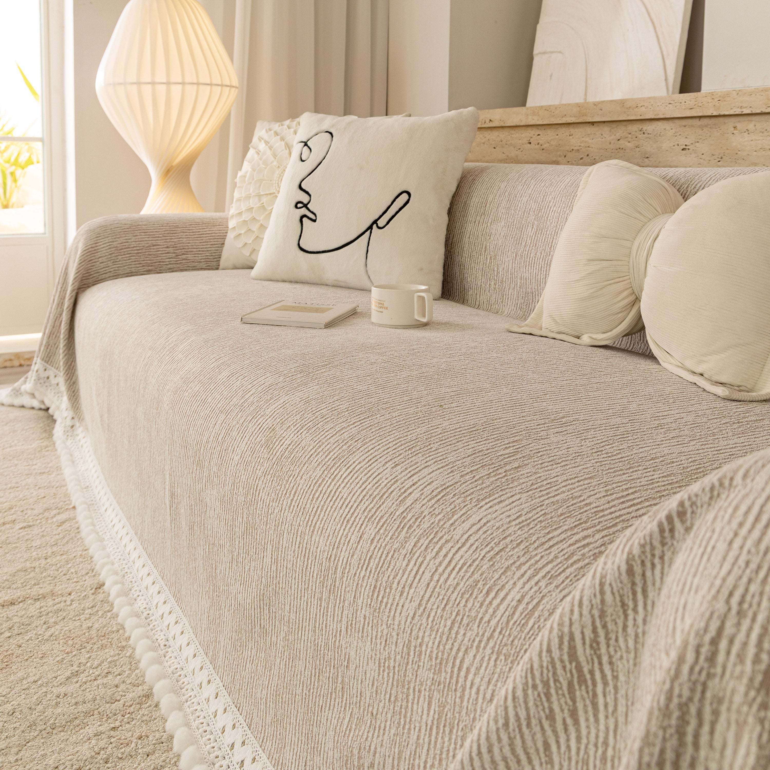 Sofa Cover Throw with Lace Trim & Pom-Pom Fringe, Decorative Couch Cover Blanket
