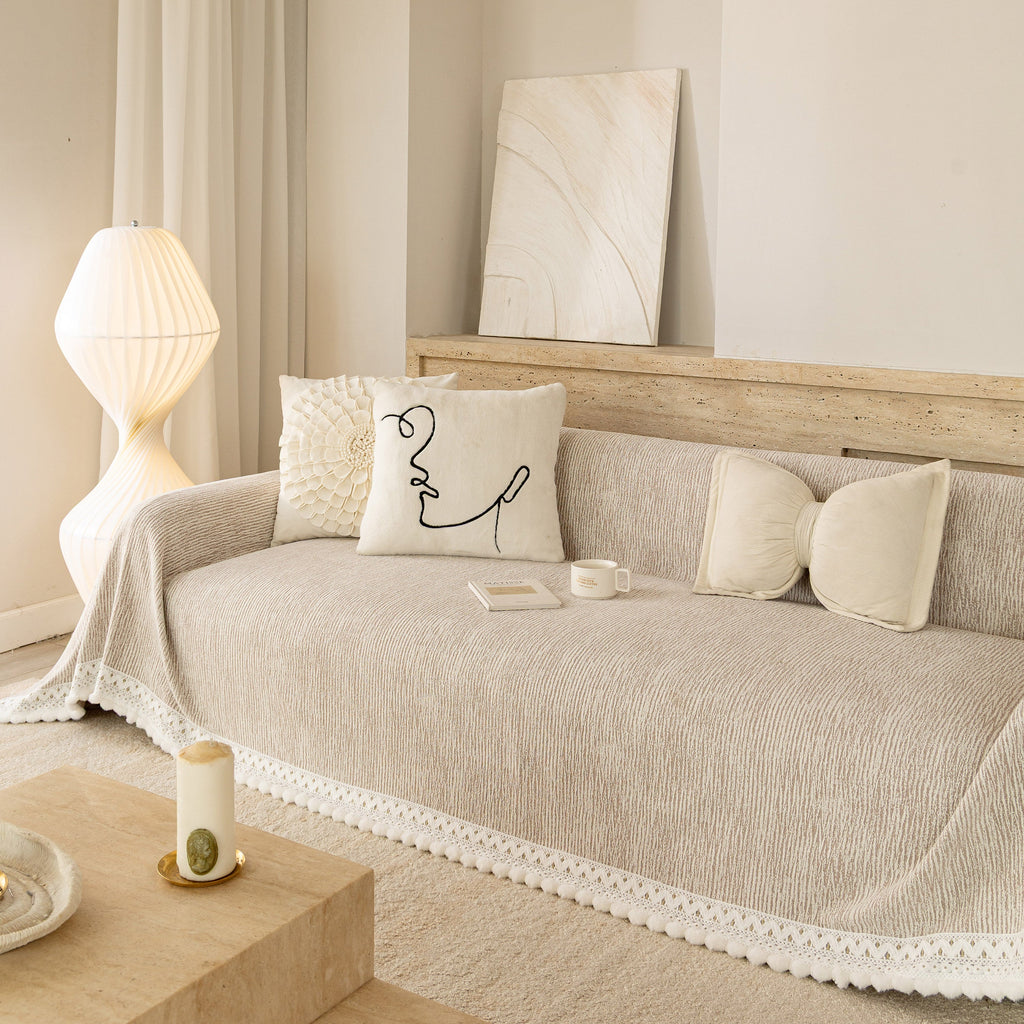 Sofa Cover Throw with Lace Trim & Pom-Pom Fringe, Decorative Couch Cover Blanket
