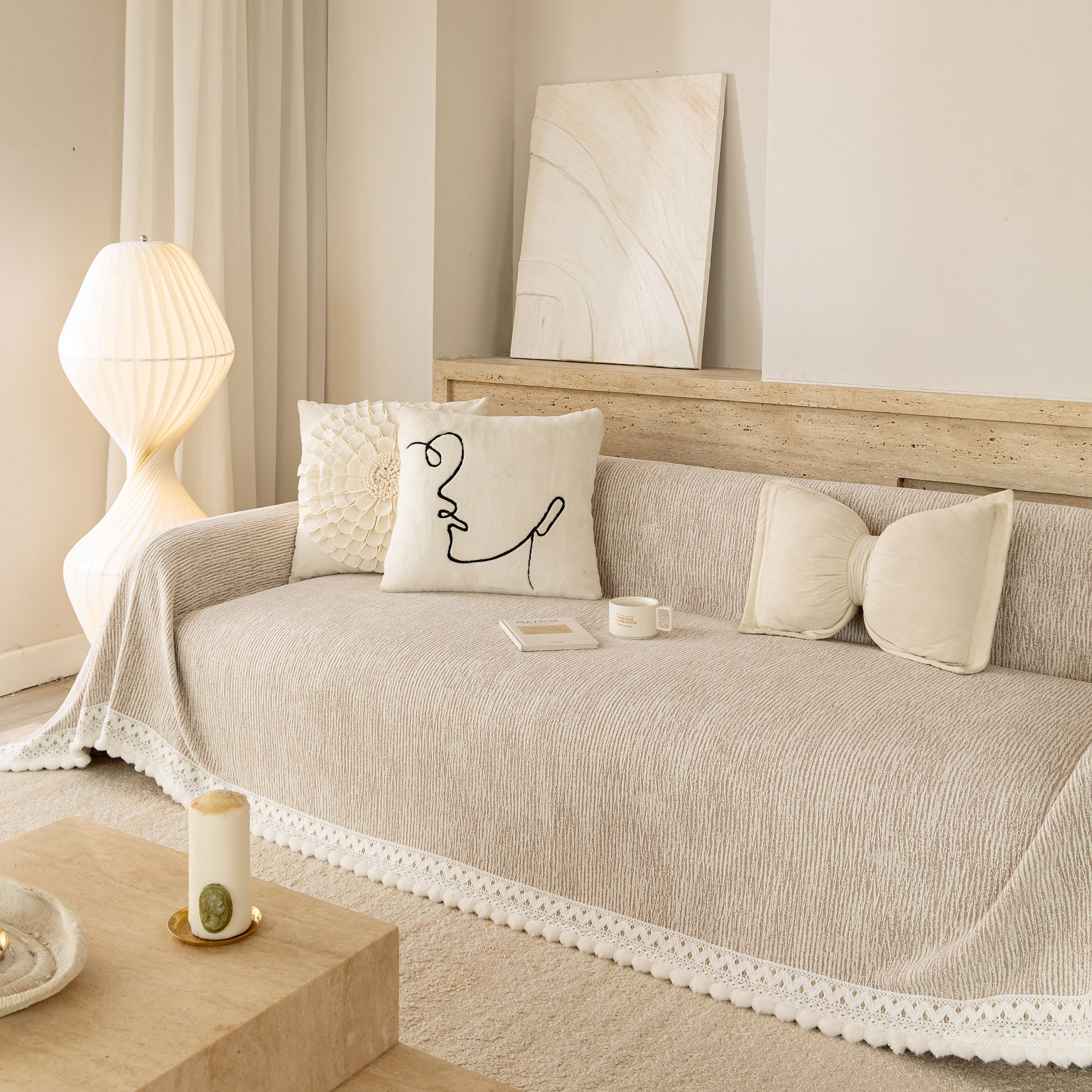 Sofa Cover Throw with Lace Trim & Pom-Pom Fringe, Decorative Couch Cover Blanket