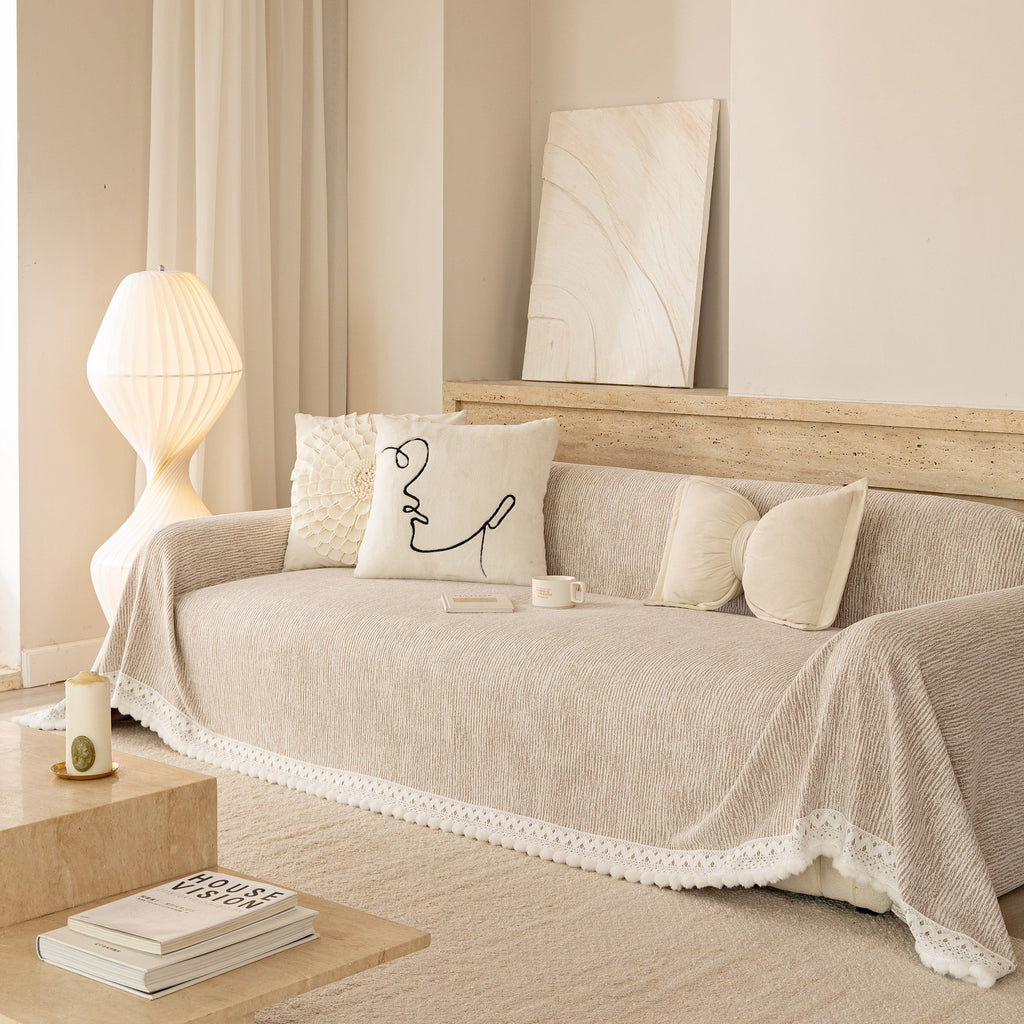 Sofa Cover Throw with Lace Trim & Pom-Pom Fringe, Decorative Couch Cover Blanket