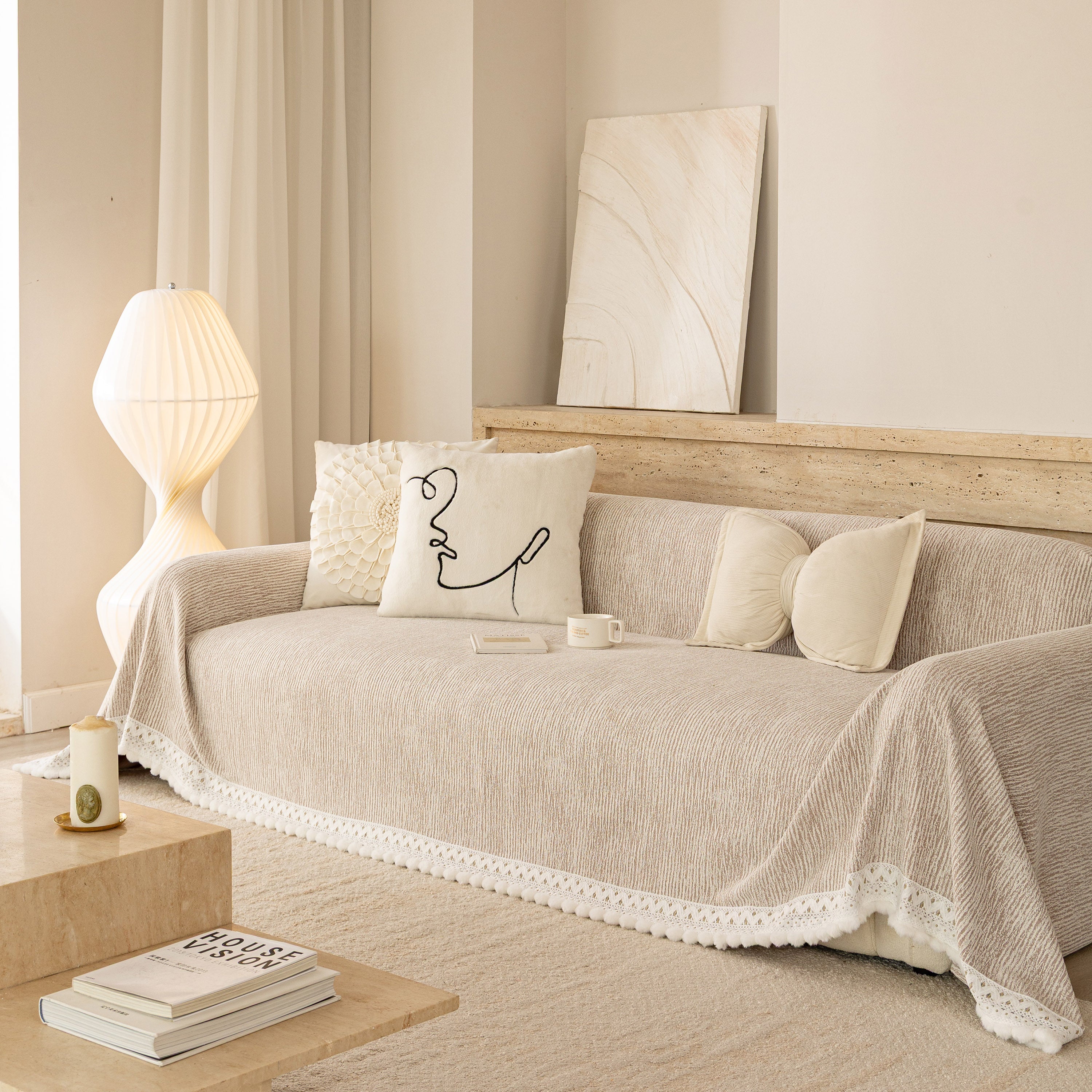 Sofa Cover Throw with Lace Trim & Pom-Pom Fringe, Decorative Couch Cover Blanket