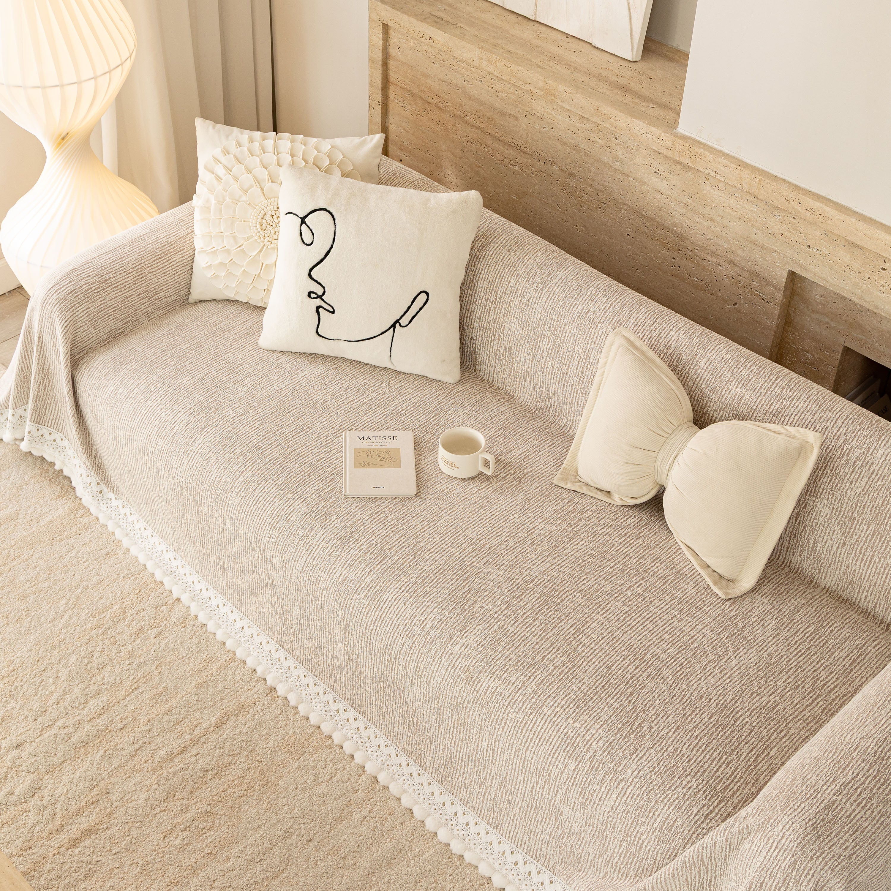 Sofa Cover Throw with Lace Trim & Pom-Pom Fringe, Decorative Couch Cover Blanket