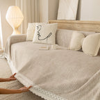 Sofa Cover Throw with Lace Trim & Pom-Pom Fringe, Decorative Couch Cover Blanket