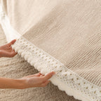 Sofa Cover Throw with Lace Trim & Pom-Pom Fringe, Decorative Couch Cover Blanket