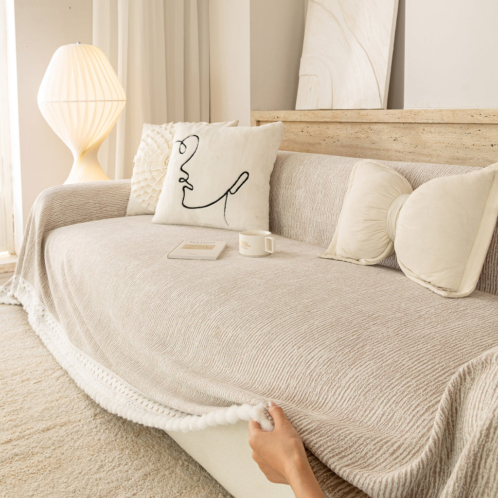 Sofa Cover Throw with Lace Trim & Pom-Pom Fringe, Decorative Couch Cover Blanket