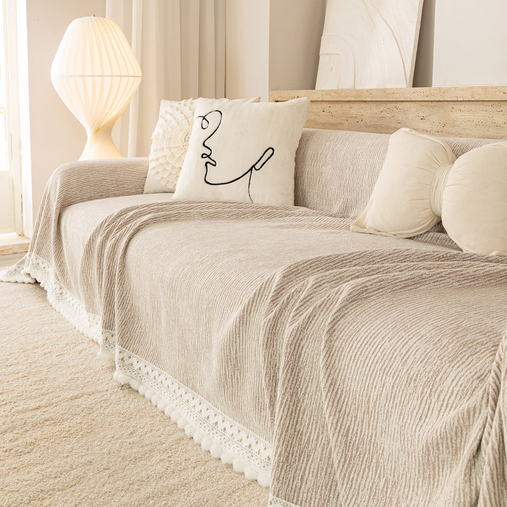 Sofa Cover Throw with Lace Trim & Pom-Pom Fringe, Decorative Couch Cover Blanket