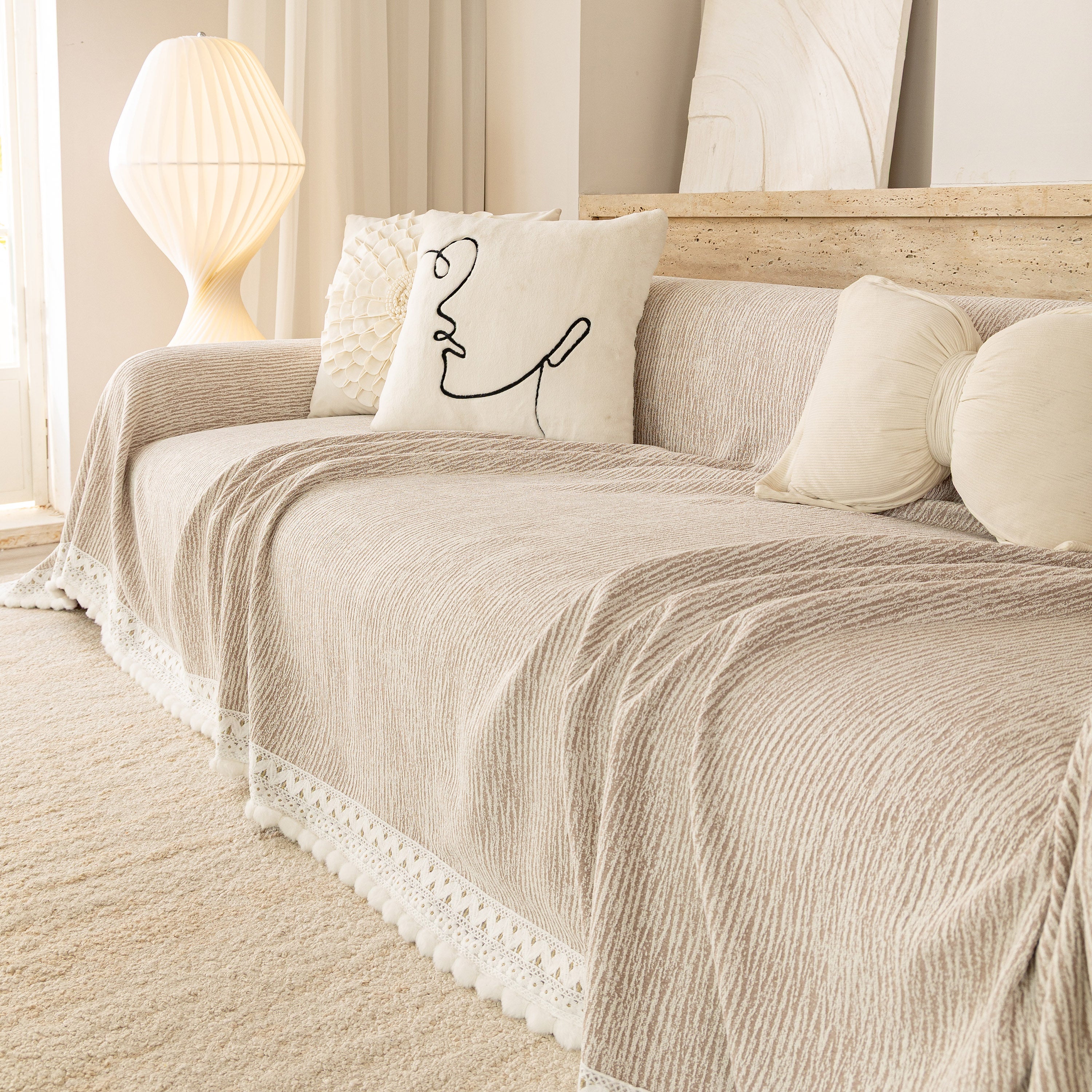 Sofa Cover Throw with Lace Trim & Pom-Pom Fringe, Decorative Couch Cover Blanket
