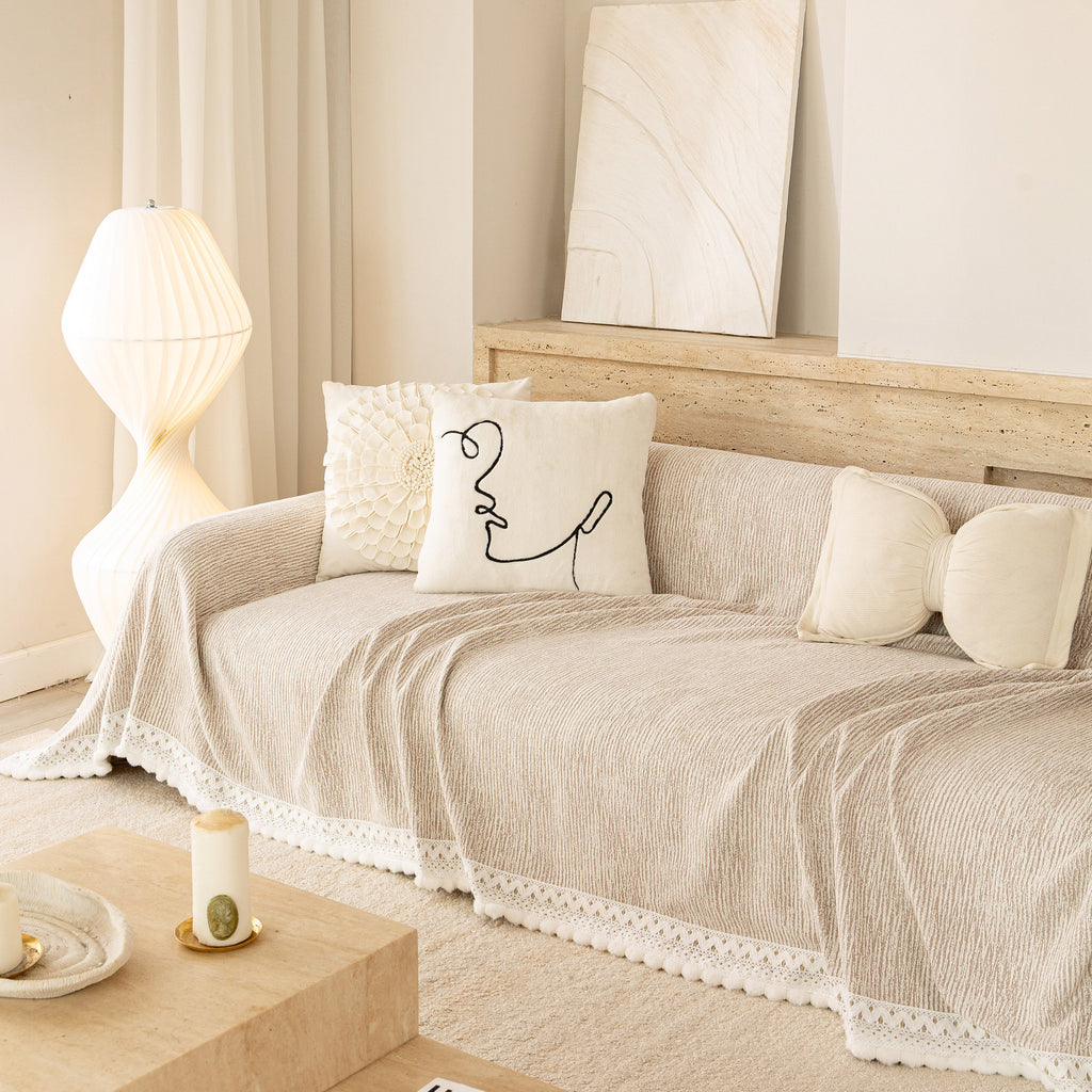 Sofa Cover Throw with Lace Trim & Pom-Pom Fringe, Decorative Couch Cover Blanket