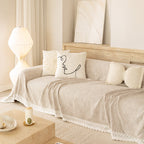 Sofa Cover Throw with Lace Trim & Pom-Pom Fringe, Decorative Couch Cover Blanket