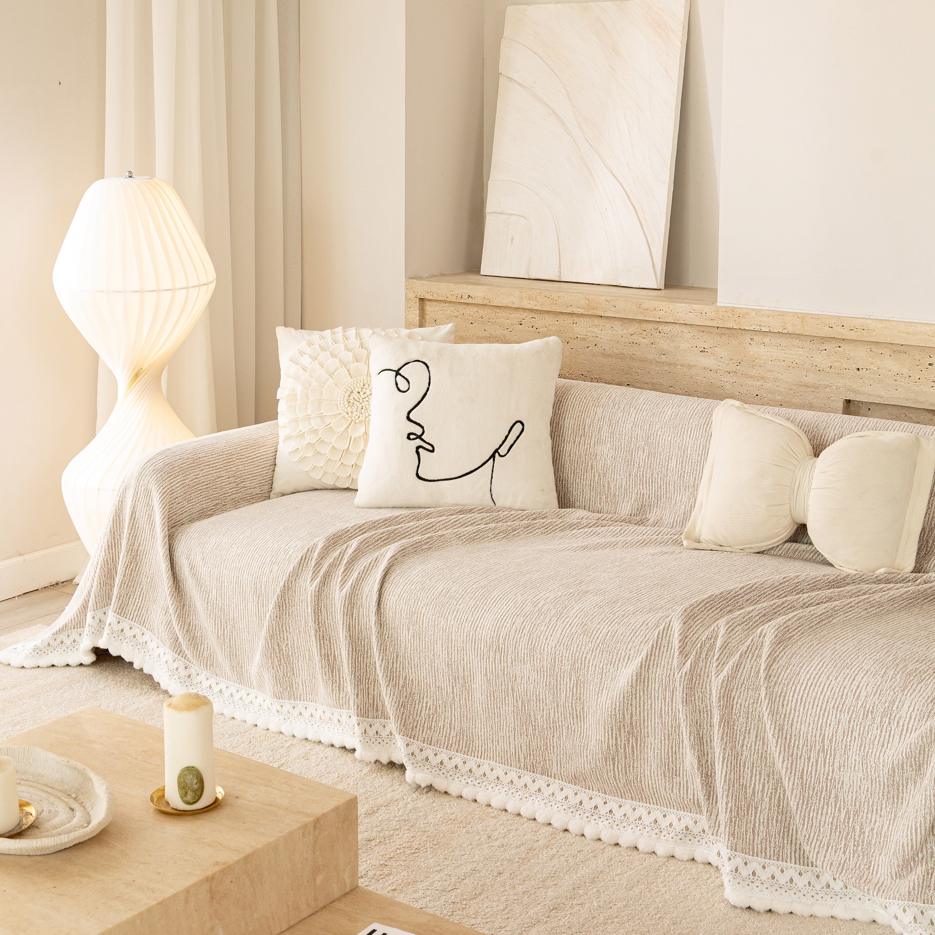 Sofa Cover Throw with Lace Trim & Pom-Pom Fringe, Decorative Couch Cover Blanket