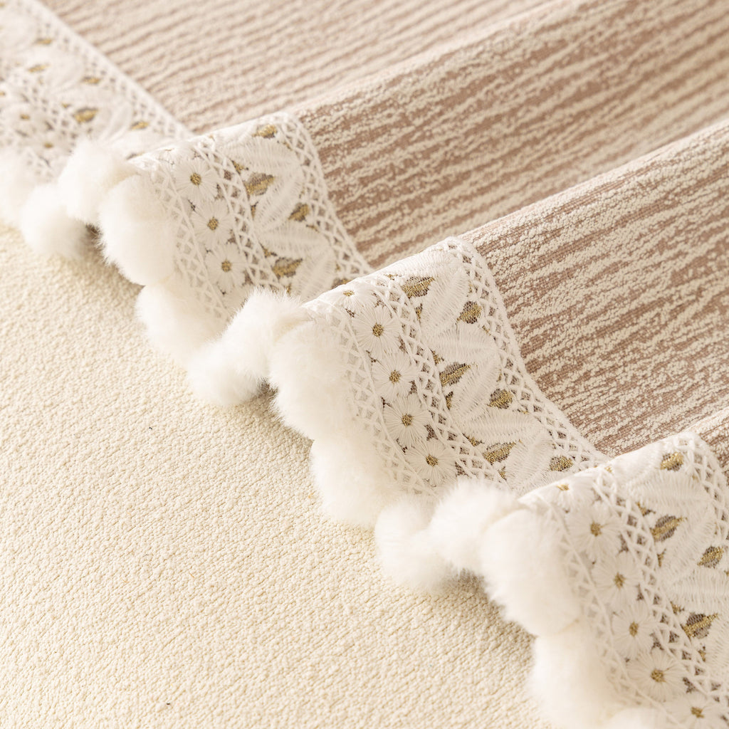 Sofa Cover Throw with Lace Trim & Pom-Pom Fringe, Decorative Couch Cover Blanket