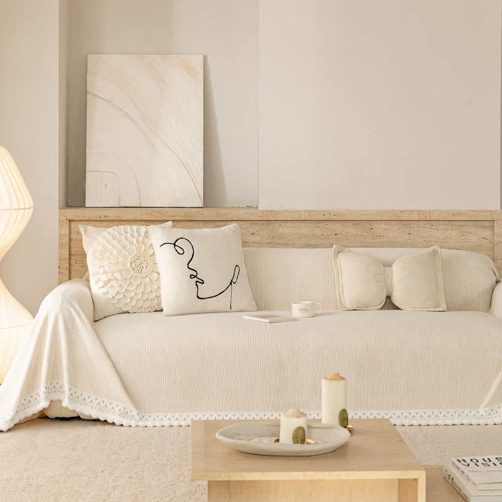 Sofa Cover Throw with Lace Trim & Pom-Pom Fringe, Decorative Couch Cover Blanket