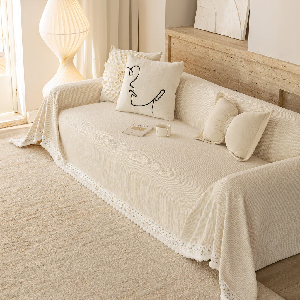Sofa Cover Throw with Lace Trim & Pom-Pom Fringe, Decorative Couch Cover Blanket