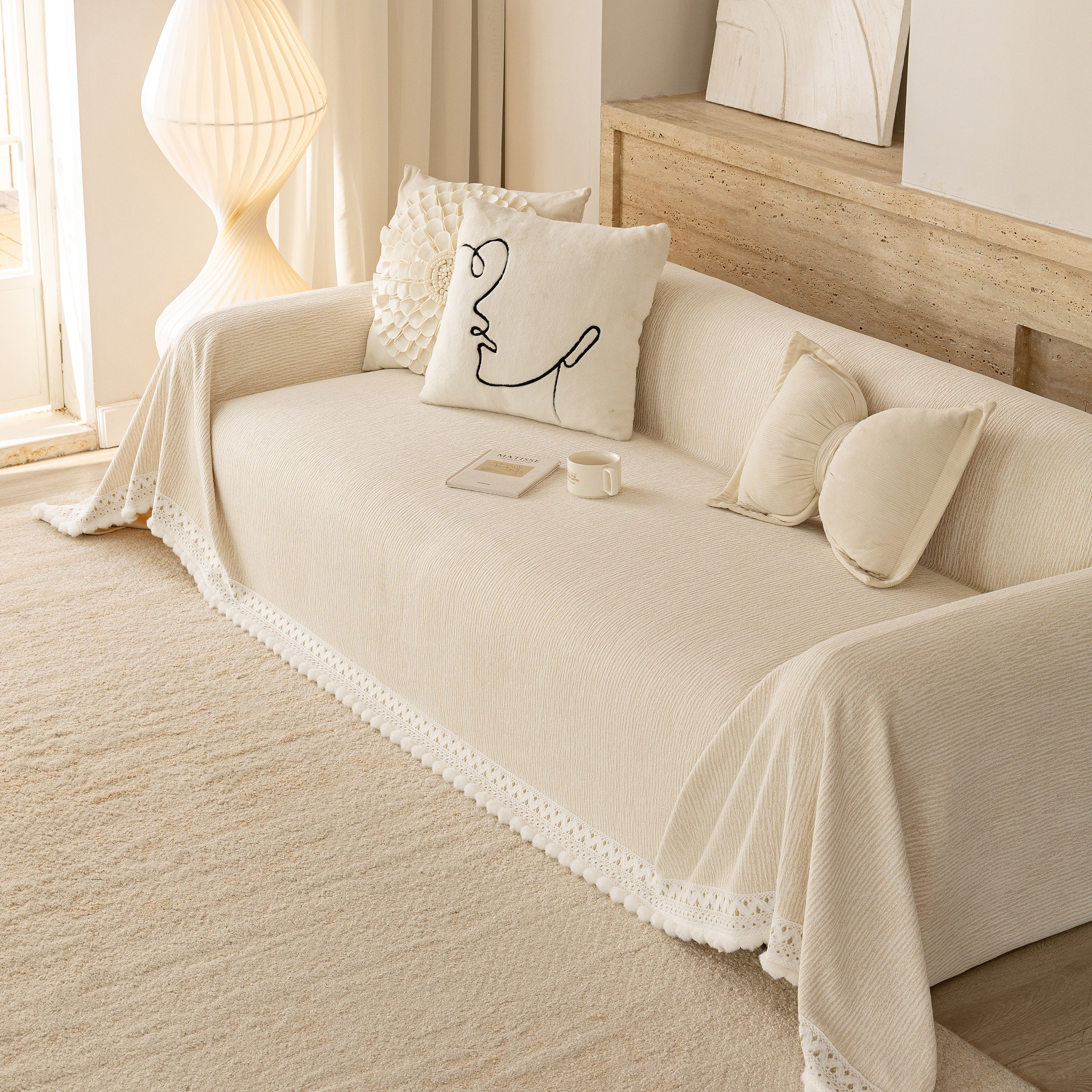 Sofa Cover Throw with Lace Trim & Pom-Pom Fringe, Decorative Couch Cover Blanket